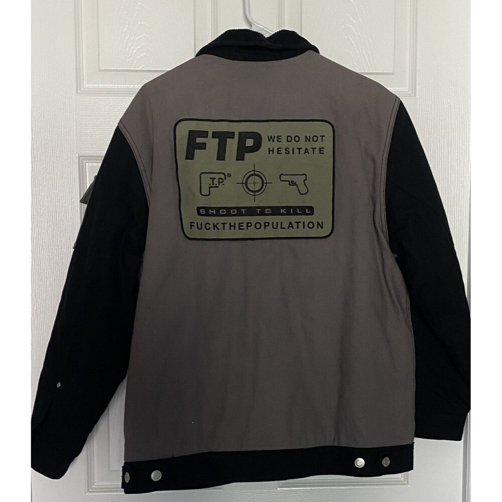 fuckthepopulation Men's Embossed Logo Work Jacket Black Large Streetwear Denim
